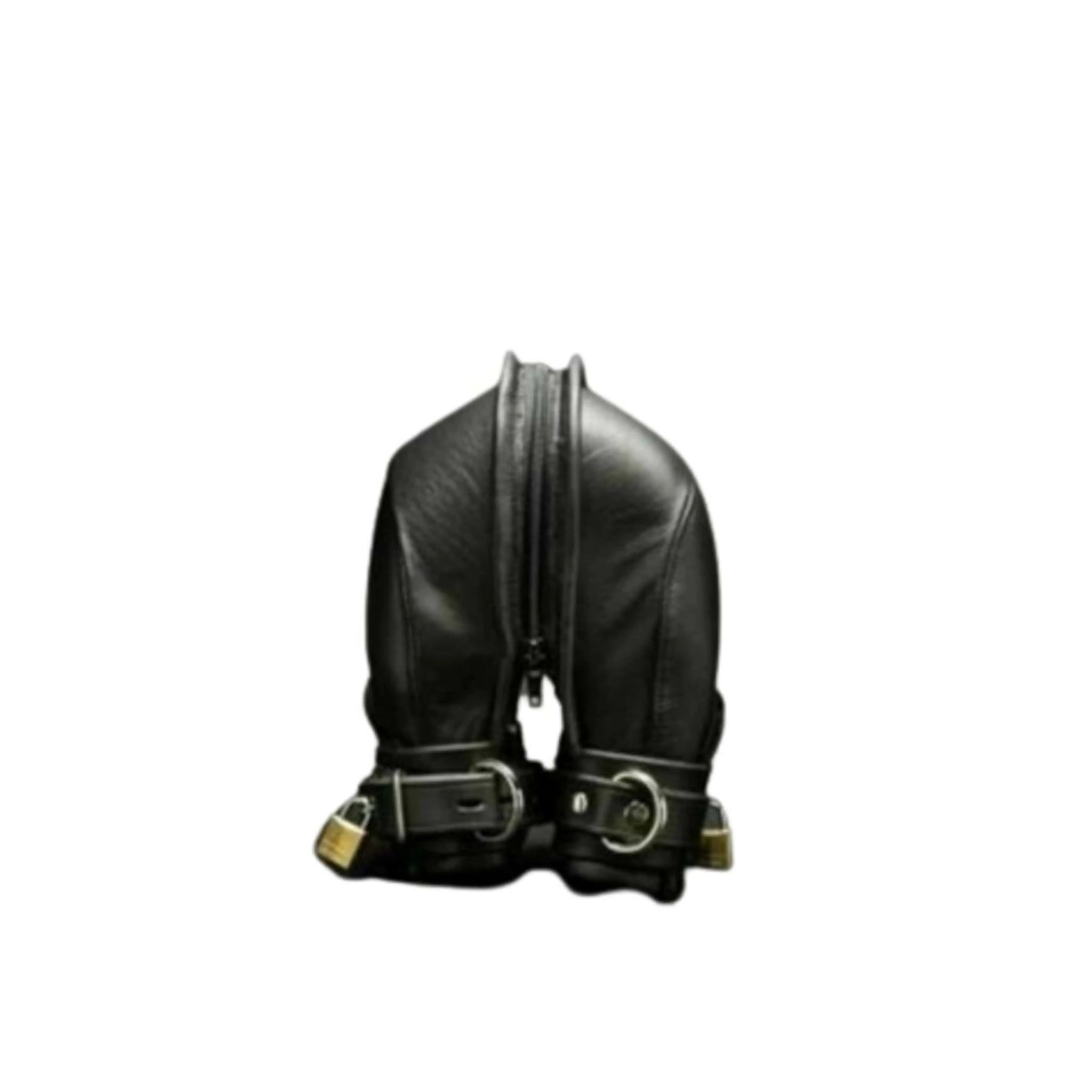 A pair of black leather bondage mittens with zip palmed featuring reinforced stitching, adjustable straps with buckles for secure fit, and a sleek, glossy finish, designed for restraint and sensory control, set against a plain white background.