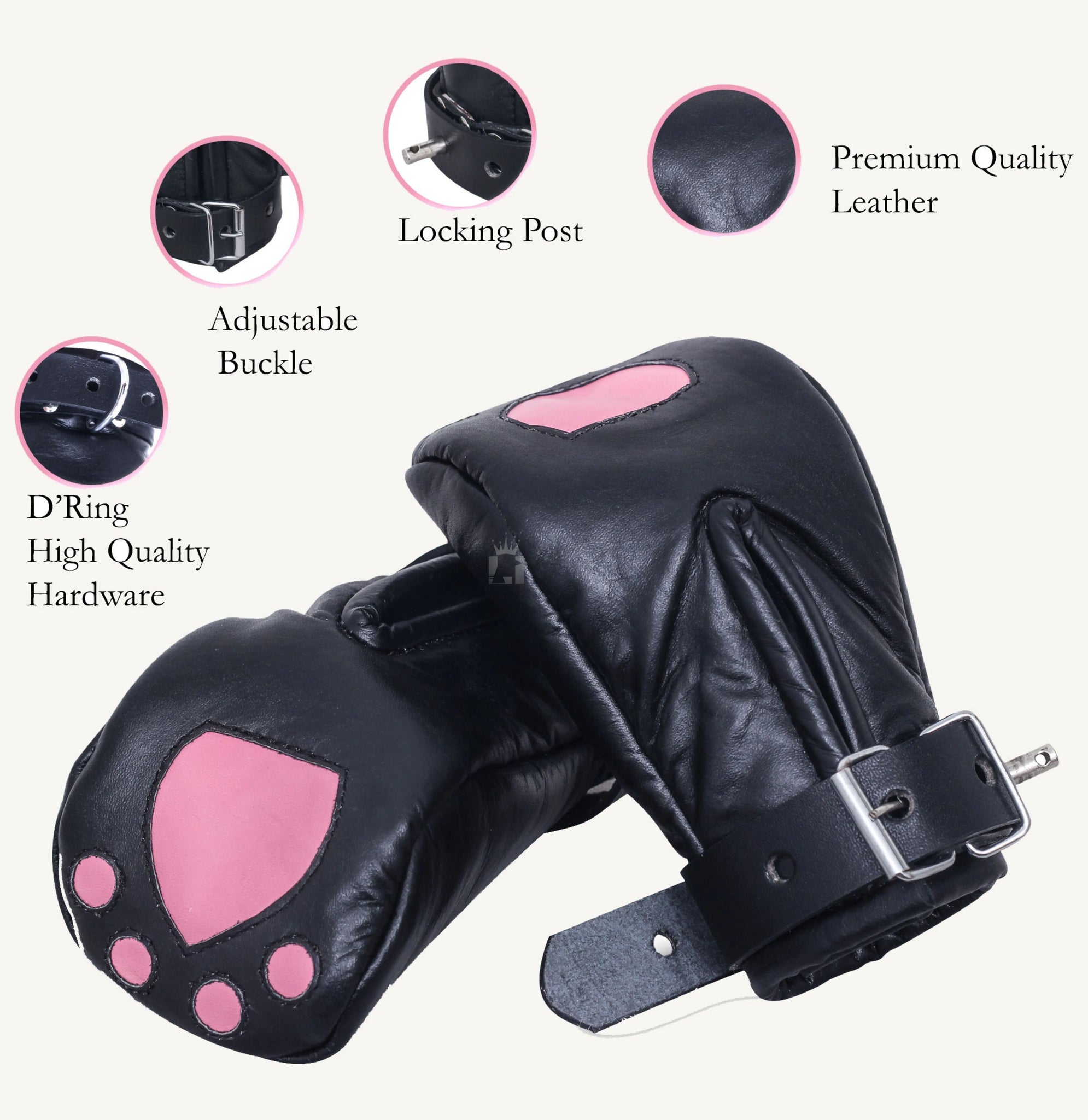 A side view of a pair of black leather bondage mitts styled like cat paws, featuring pink paw pad accents on the top and bottom. The mittens are slightly curved with visible stitching and thick buckled wrist straps for a snug and secure fit. In an infographic style showing features.