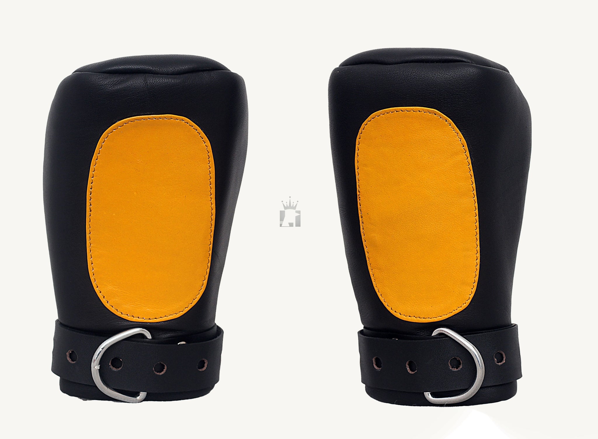 Front view of a pair of black leather bondage mitts with bright yellow accents and adjustable straps, viewed from the front.