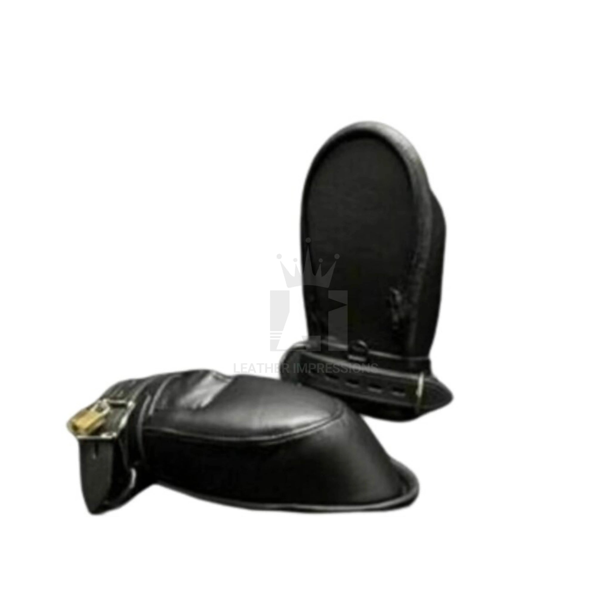 Front view of a pair of black leather bondage mittens with zip palmed featuring reinforced stitching, adjustable straps with buckles for secure fit, and a sleek, glossy finish, designed for restraint and sensory control, set against a plain white background.