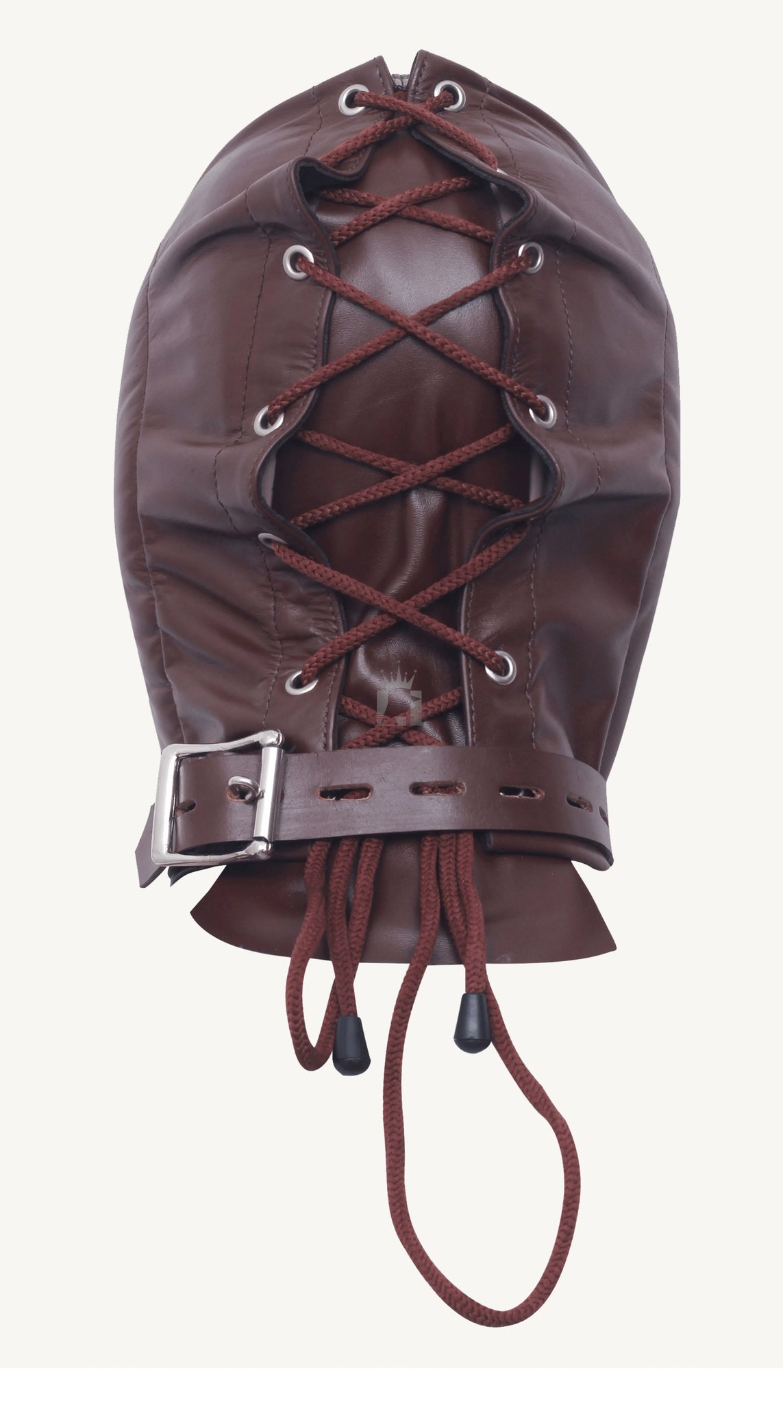 back-side angle view of a brown leather bondage hood with adjustable straps and buckles, laces on a white background 