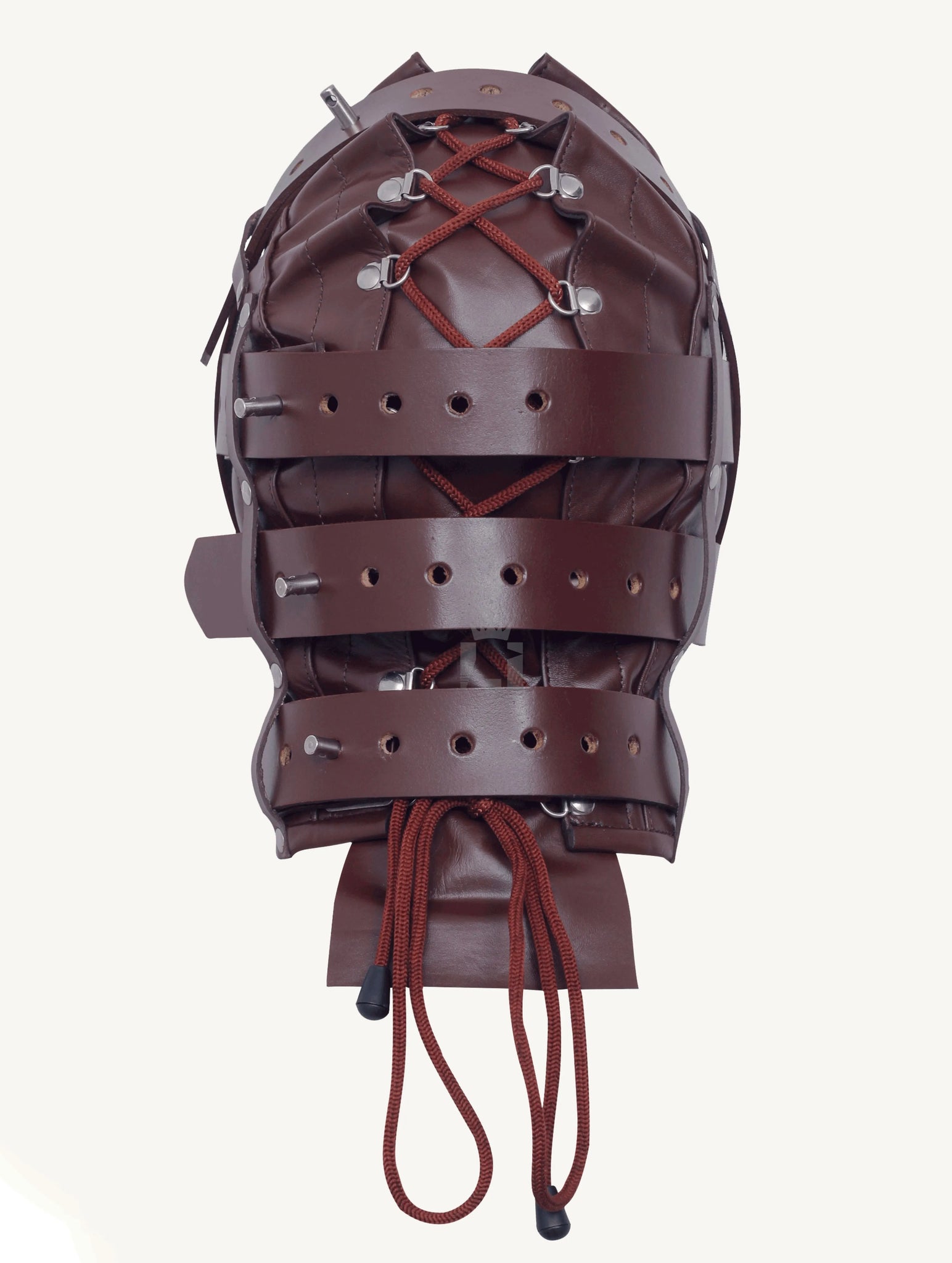 Backside view of a brown leather bondage hood with multiple straps , laces on a white background