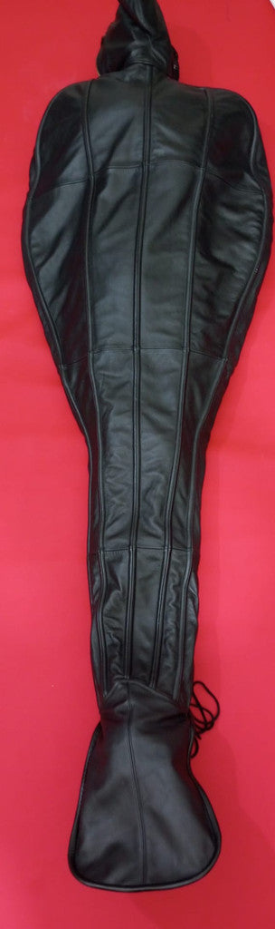 front angle view of full body handcrafted leather bondage sleepsack  with hand restricted