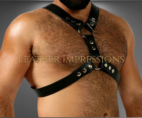 model waering Gay Bear Leather Harness - front image