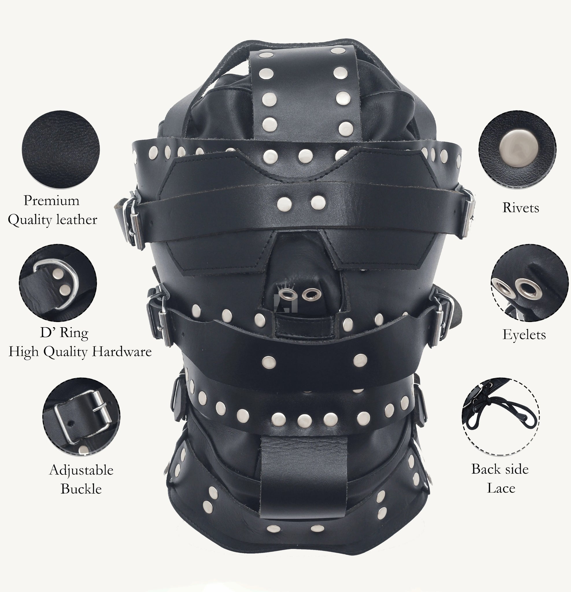 Front angle view of an infographic style black leather bondage hood featuring multiple adjustable straps, silver rivets, and metal D-rings, displayed with close-up callouts of its components including premium quality leather, rivets, eyelets, adjustable buckles, and backside lace-up closure. The hood is designed for full head coverage and secured with high-quality hardware for a snug fit.