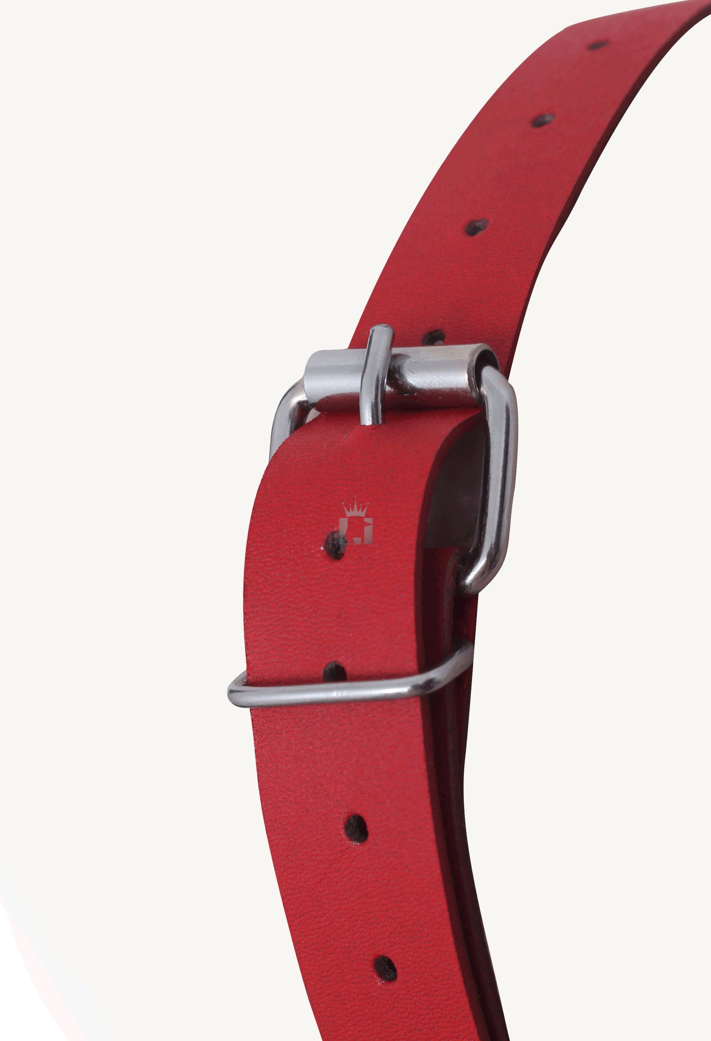 Front view of red leather muzzle buck with d'ring on a white background