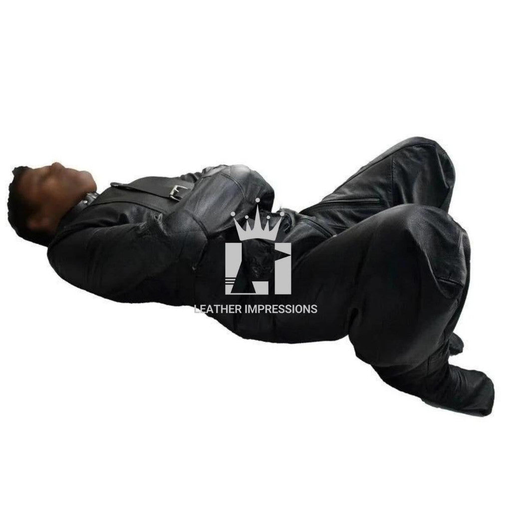 side view angle of a man wearing a leather bondage sleepsack in a white background