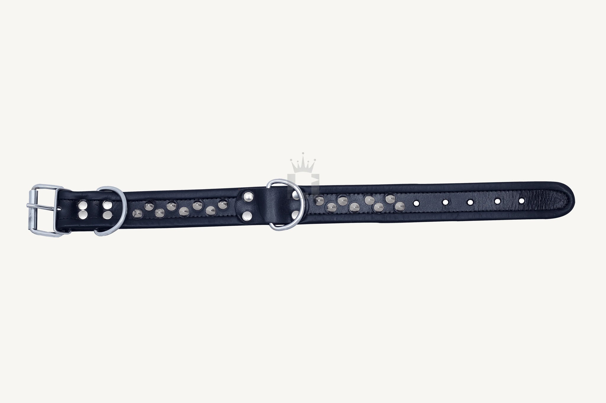 Front view angle of a strap of Leather Bondage Slave Collar  with d'rings and nickel-lated revets