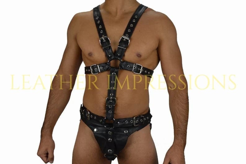 leather harness with underwear, mens leather harness with jockstrap, bondage leather harness